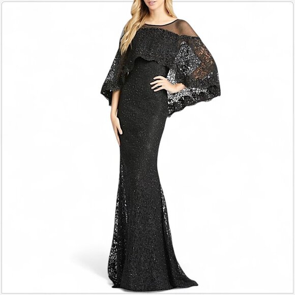 Mac Duggal Beaded Lace Cape Mermaid Train Evening Formal Dress Gown NWT New 6 - Picture 2 of 10
